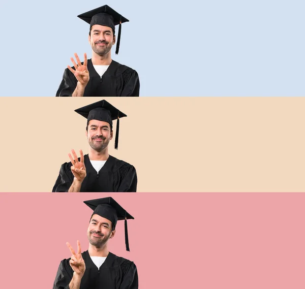 Satz Von Mann Seinem Abschlusstag Universität Glücklich Und Zählen Vier — Stockfoto