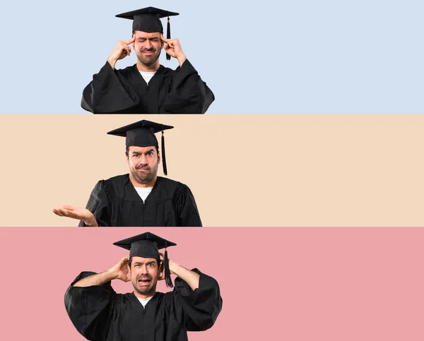 卒業式の日に男のセット大学は不幸で何かに不満を抱いていました カラフルな背景に否定的な表情 — ストック写真