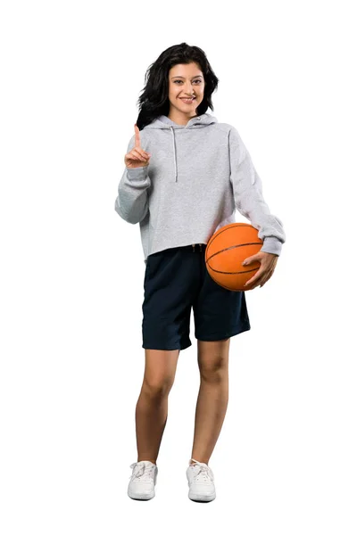 Full Length Shot Una Giovane Donna Che Gioca Basket Indicando — Foto Stock