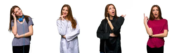 Set Doctor Student Chef Woman Thinking Idea Pointing Finger — Stock Photo, Image