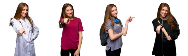 Ärztin Studentin Und Köchin Zeigen Mit Selbstbewusstem Gesichtsausdruck Auf Sie — Stockfoto