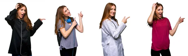 Zestaw Lekarza Studenta Kobietę Szefa Kuchni Wskazującej Palec Bok Prezentujący — Zdjęcie stockowe