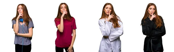 口に指を入れて沈黙のジェスチャーの兆候を示す医師 シェフの女性のセット — ストック写真