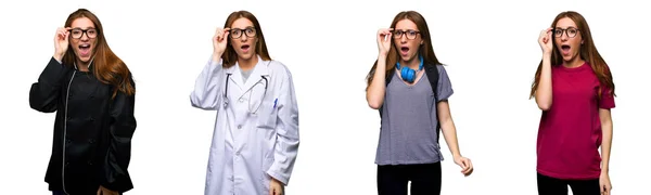 Conjunto Médico Estudiante Chef Mujer Con Gafas Sorprendida —  Fotos de Stock