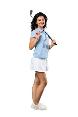 Genç bir golfçü kadın izole beyaz arka plan üzerinde harika bir fikir işaret tam uzunlukta bir çekim