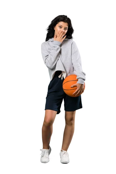 Uma Foto Completa Uma Jovem Mulher Jogando Basquete Com Expressão — Fotografia de Stock