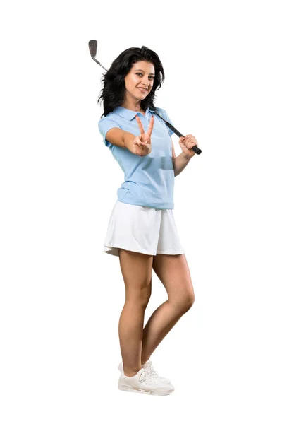 Full Length Shot Young Golfer Woman Smiling Showing Victory Sign — Stock Photo, Image