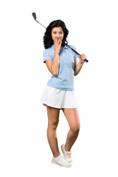 Uma Foto Completa Uma Jovem Golfista Com Expressão Facial Surpresa — Fotografia de Stock