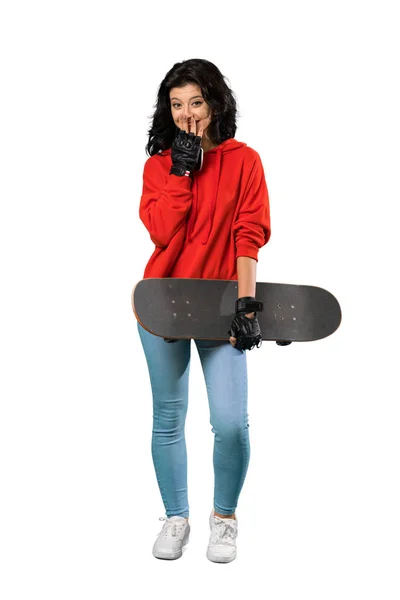 Full Length Shot Young Skater Woman Surprise Facial Expression Isolated — Stock Photo, Image