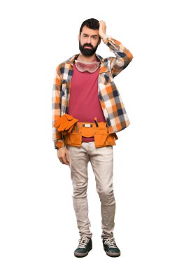 Hayal kırıklığı bir ifade ve izole beyaz arka plan üzerinde anlayış değil craftsmen adam