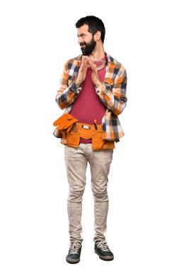 Esnaf adam izole beyaz arka plan üzerinde bir şey entrika