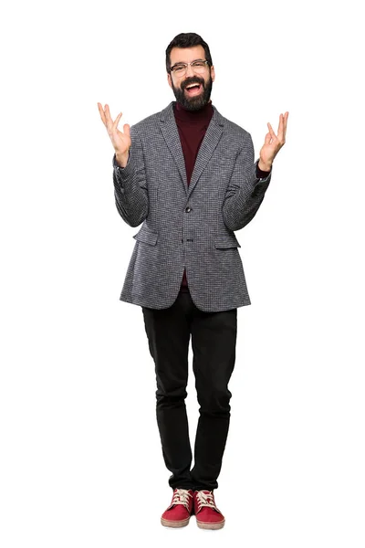 Hombre Guapo Con Gafas Sonriendo Mucho Sobre Fondo Blanco Aislado —  Fotos de Stock