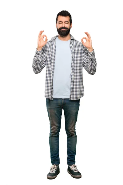 Bonito Homem Com Barba Zen Pose Sobre Fundo Branco Isolado — Fotografia de Stock