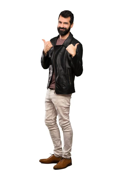 Handsome Man Beard Thumbs Gesture Smiling Isolated White Background — Stock Photo, Image