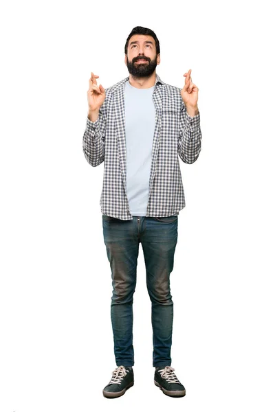 Handsome Man Beard Fingers Crossing Wishing Best Isolated White Background — Stock Photo, Image