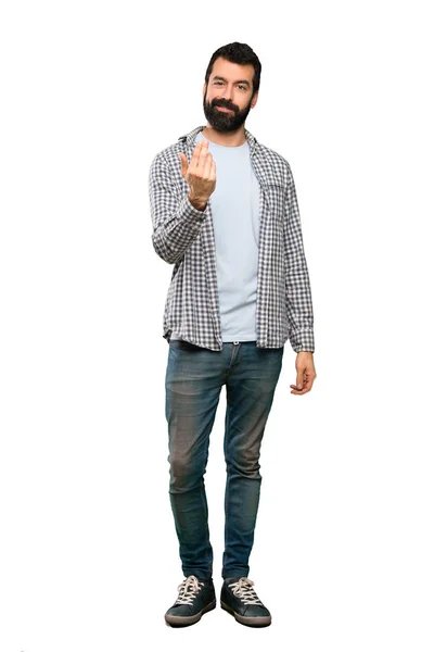 Handsome Man Beard Inviting Come Hand Happy You Came Isolated — Stock Photo, Image