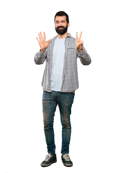 Bonito Homem Com Barba Contando Sete Com Dedos Sobre Fundo — Fotografia de Stock
