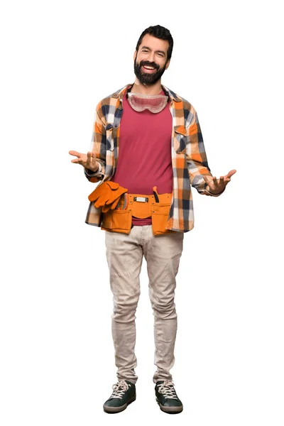 Artesãos Homem Sorrindo Sobre Fundo Branco Isolado — Fotografia de Stock