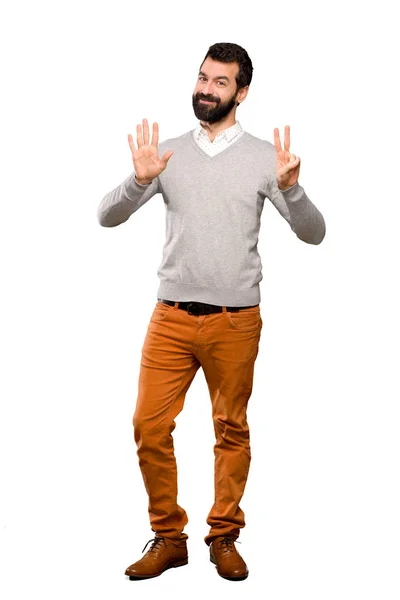 Bonito Homem Contando Sete Com Dedos Sobre Fundo Branco Isolado — Fotografia de Stock