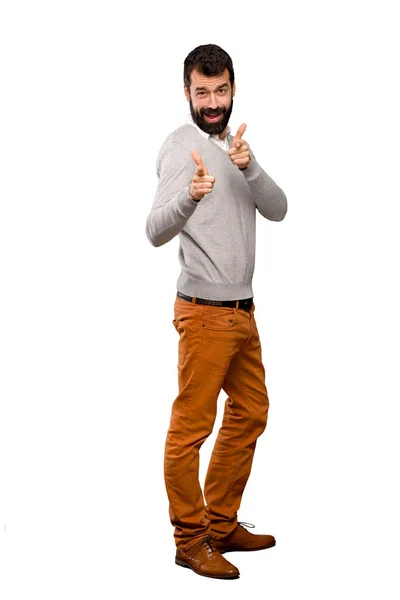 Bonito Homem Apontando Para Frente Sorrindo Sobre Fundo Branco Isolado — Fotografia de Stock