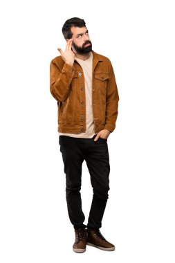 İntihar jest yapma sorunları olan sakallı yakışıklı adam beyaz arka plan izole