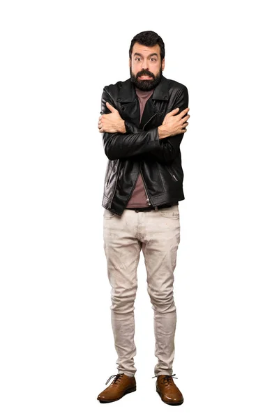 Hombre Guapo Con Barba Congelándose Sobre Fondo Blanco Aislado —  Fotos de Stock