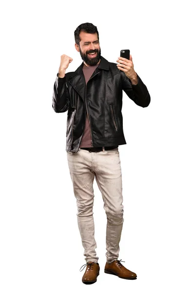 Handsome Man Beard Phone Victory Position Isolated White Background — Stock Photo, Image
