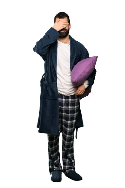 Homme Avec Barbe Pyjama Couvrant Les Yeux Main Veux Pas — Photo
