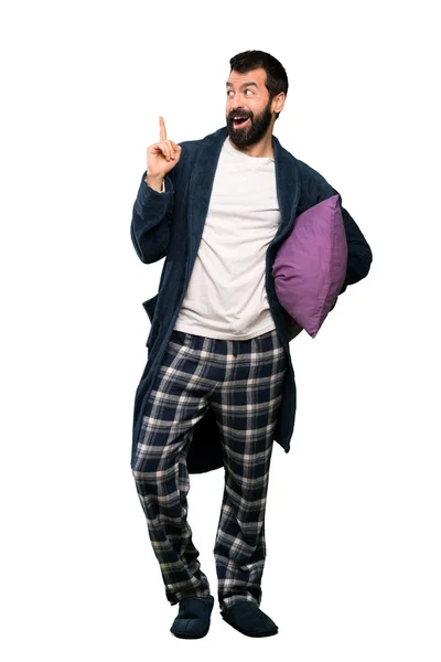 Mann Mit Bart Schlafanzug Der Die Lösung Erkennt Während Den — Stockfoto