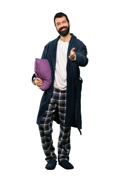 Homme Avec Barbe Pyjama Serrant Main Pour Fermer Une Bonne — Photo