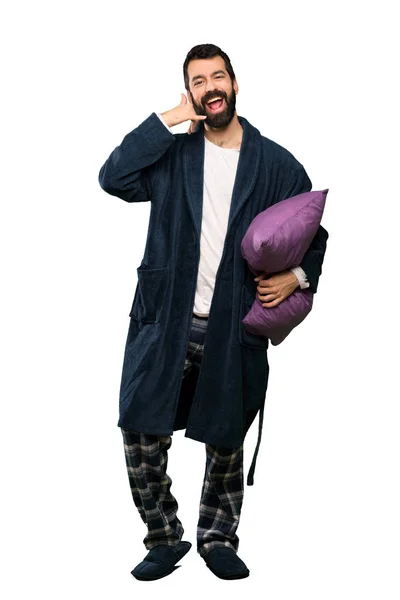 Mann Mit Bart Schlafanzug Macht Handygeste Rufen Sie Mich Zurück — Stockfoto