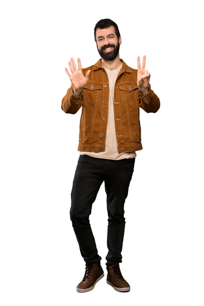 Bonito Homem Com Barba Contando Sete Com Dedos Sobre Fundo — Fotografia de Stock