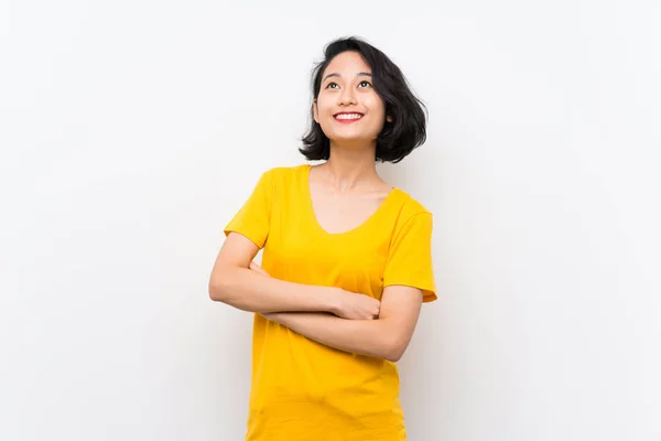 Asian Young Woman Isolated White Background Looking While Smiling — Stock Photo, Image