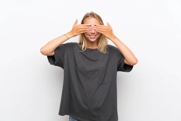 Blonde Young Woman Isolated White Background Covering Eyes Hands — Stock Photo, Image
