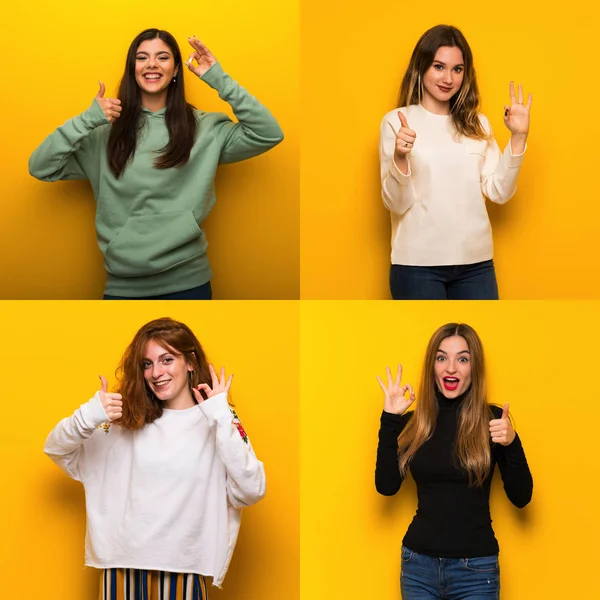 Conjunto Mujeres Sobre Fondo Amarillo Mostrando Signo Con Dando Gesto —  Fotos de Stock