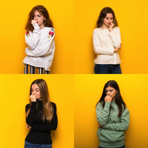 Set Women Yellow Background Having Doubts — Stock Photo, Image