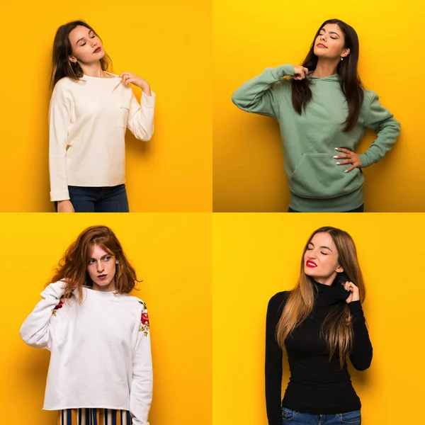 Conjunto Mujeres Sobre Fondo Amarillo Con Expresión Cansada Enferma —  Fotos de Stock