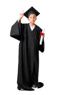 İzole beyaz arka plan üzerinde bir numaralı işareti sayma sayma mezun Küçük çocuk tam vücut