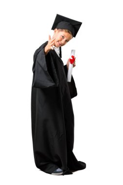 Izole beyaz arka plan üzerinde iyi bir anlaşma sonra el sıkışma mezun Küçük çocuk Tam vücut