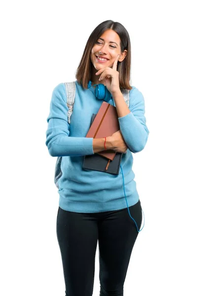 Jovem Estudante Com Suéter Azul Fones Ouvido Olhando Para Lado — Fotografia de Stock