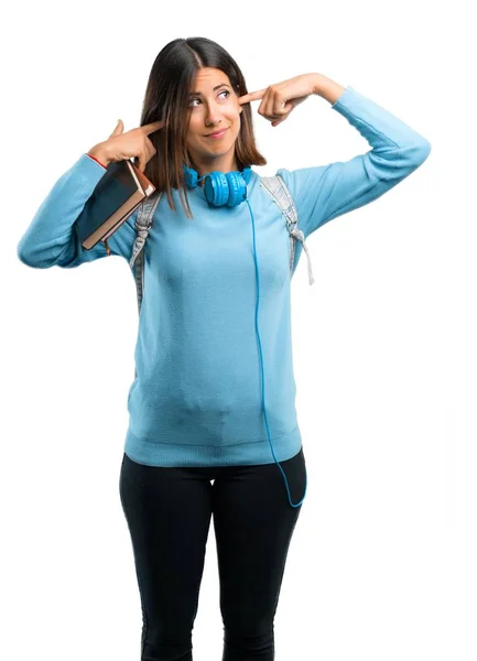 Junges Studentenmädchen Mit Blauem Pullover Und Kopfhörer Die Beide Ohren — Stockfoto