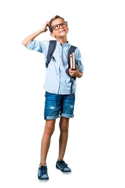 Full Body Student Boy Backpack Glasses Standing Thinking Idea Isolated — Stock Photo, Image