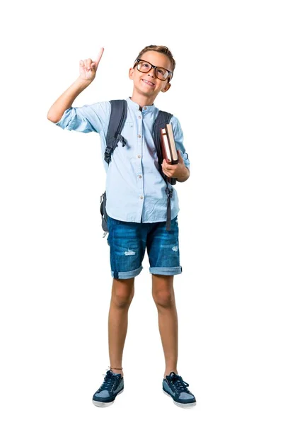 Cuerpo Completo Estudiante Con Mochila Gafas Pie Pensando Una Idea — Foto de Stock