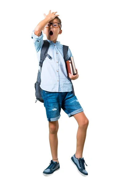 背包和眼镜的学生男孩的全身 打算实现在孤立的白色背景的解决方案 — 图库照片