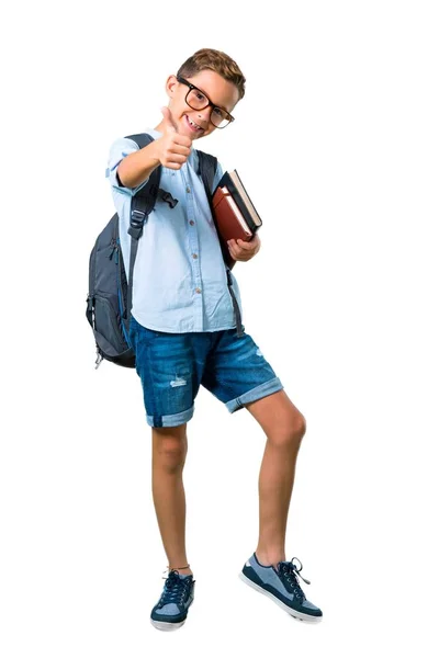 Cuerpo Completo Estudiante Con Mochila Gafas Dando Gesto Hacia Arriba — Foto de Stock