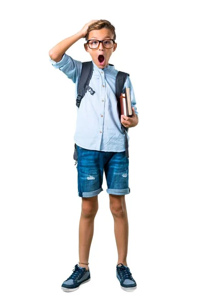 Corpo Inteiro Estudante Menino Com Mochila Óculos Infelizes Frustrados Com — Fotografia de Stock