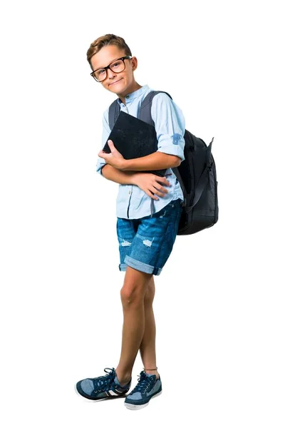 Pełne Ciało Studenta Chłopiec Plecaka Okulary Trzymając Ramiona Skrzyżowane Białym — Zdjęcie stockowe
