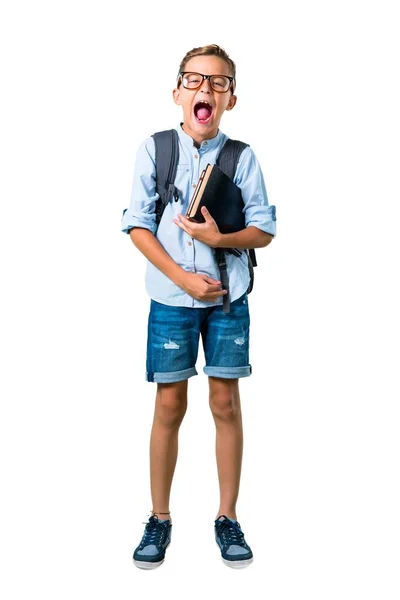 Cuerpo Completo Estudiante Con Mochila Gafas Riendo Sobre Fondo Blanco — Foto de Stock