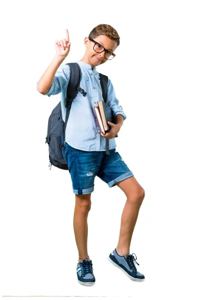 Cuerpo Completo Estudiante Con Mochila Gafas Contando Cartel Número Uno —  Fotos de Stock