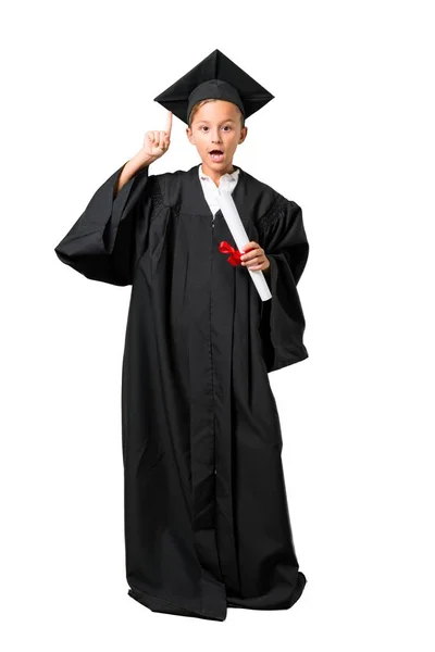 Corpo Inteiro Little Boy Graduando Com Intenção Realizar Solução Fundo — Fotografia de Stock